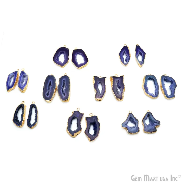 Agate Slice 34x15mm Organic Gold Electroplated Gemstone Earring Connector 1 Pair GemMartUSA Earrings