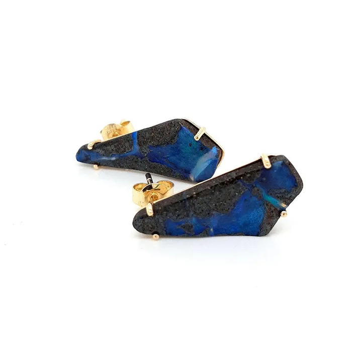 Australian Boulder Opal Earrings Set in 14 Karat Yellow Gold Australian Opal Cutters Earrings