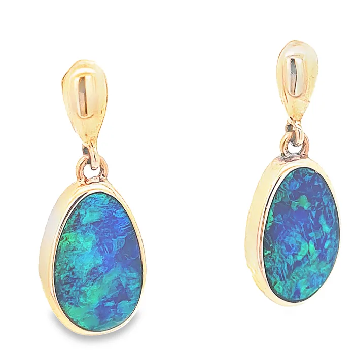 Australian Opal Cutters Earrings Australian Opal Doublet 265 Carat Earrings Set in 583 14 Karat Yellow Gold Australian Opal Cutters Earrings Australian Opal Doublet 265 Carat Earrings Set in 583 14 Karat Yellow Gold
