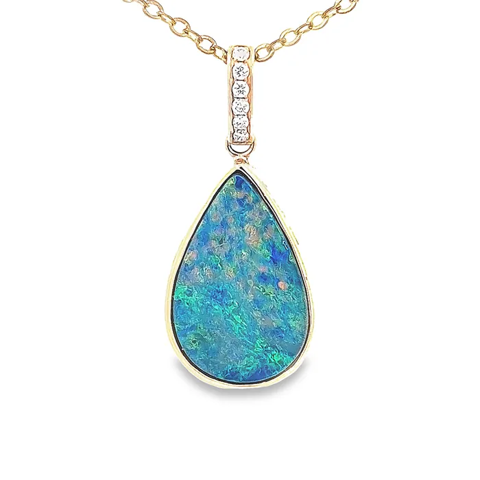 Australian Opal Cutters PreStyled Sets Australian Doublet Opal 655ct Pendant Set in 14 Karat Yellow Gold with 6 Diamonds TW 0063ct