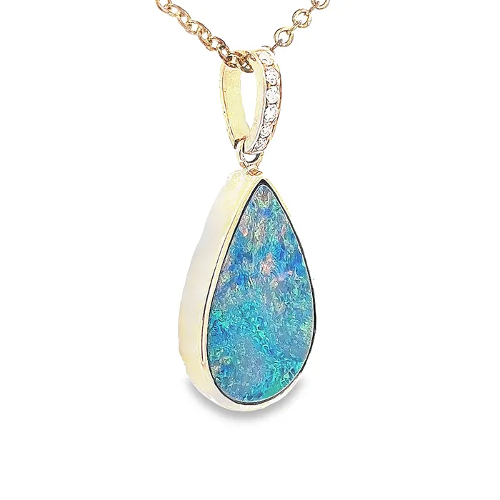 Australian Opal Cutters PreStyled Sets Australian Doublet Opal 655ct Pendant Set in 14 Karat Yellow Gold with 6 Diamonds TW 0063ct Australian Opal Cutters PreStyled Sets Australian Doublet Opal 655ct Pendant Set in 14 Karat Yellow Gold with 6 Diamonds TW 0063ct