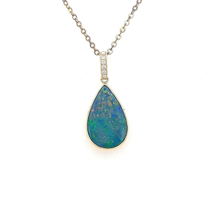 Australian Opal Cutters PreStyled Sets Australian Doublet Opal 655ct Pendant Set in 14 Karat Yellow Gold with 6 Diamonds TW 0063ct Australian Opal Cutters PreStyled Sets Australian Doublet Opal 655ct Pendant Set in 14 Karat Yellow Gold with 6 Diamonds TW 0063ct