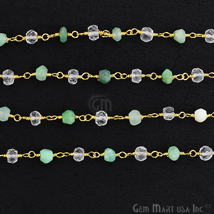 Chrysoprase With Crystal 335mm Gold Plated Wire Wrapped Beads Rosary Chain GemmartUSA Necklaces
