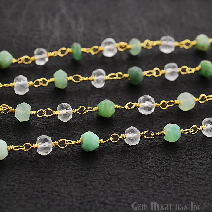 Chrysoprase With Crystal 335mm Gold Plated Wire Wrapped Beads Rosary Chain GemmartUSA Necklaces