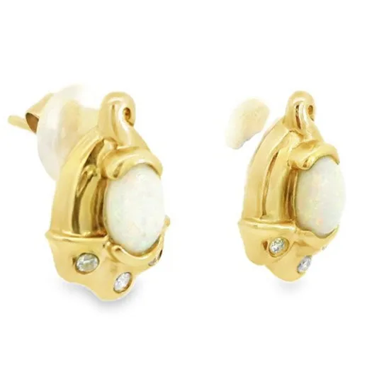 Earrings Australian Opal Cutters Australian Light Opal Earrings Set in 14 Karat Yellow Gold with Cubic Zirconia Earrings Australian Opal Cutters Australian Light Opal Earrings Set in 14 Karat Yellow Gold with Cubic Zirconia