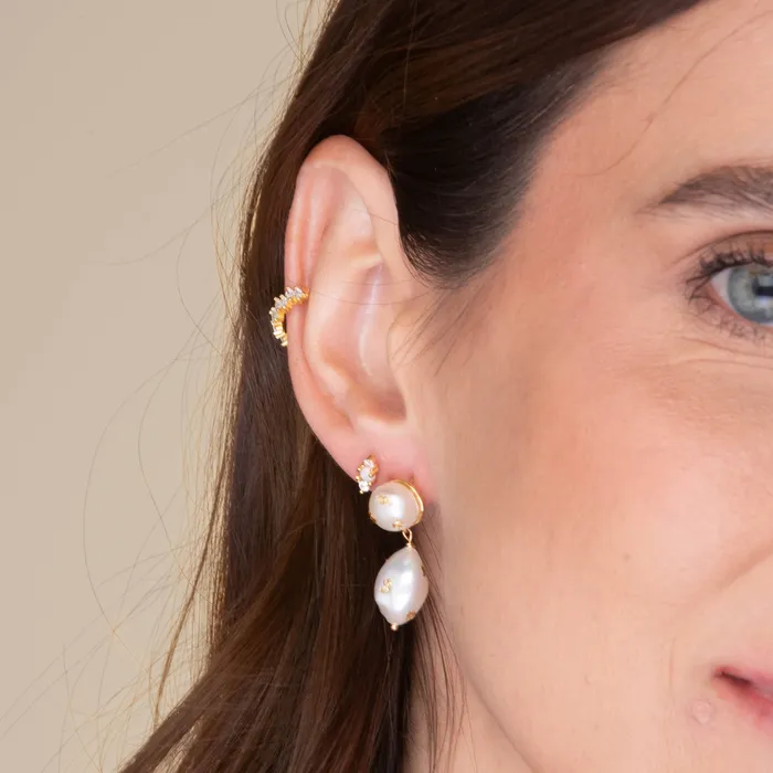 Earrings Camile Stone Double Pearl Gold Flake Stud Earrings