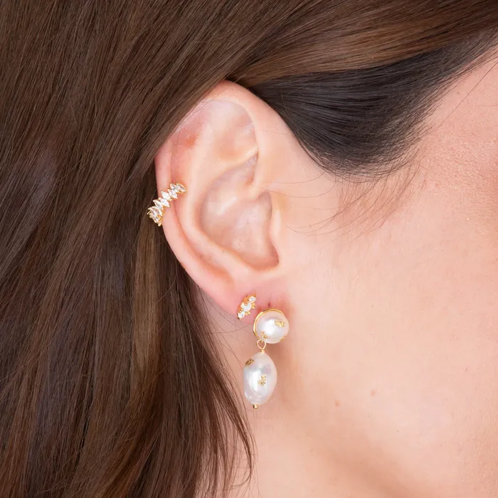 Earrings Camile Stone Double Pearl Gold Flake Stud Earrings