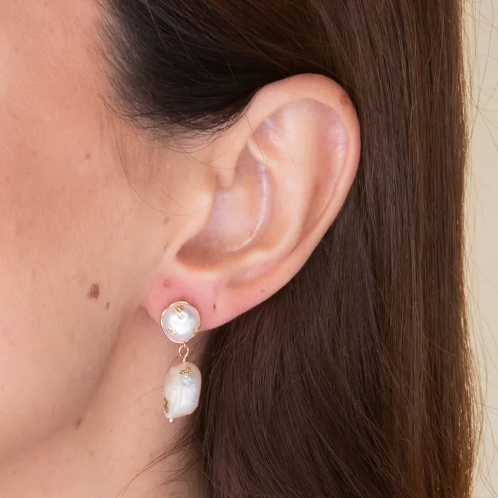 Earrings Camile Stone Double Pearl Gold Flake Stud Earrings