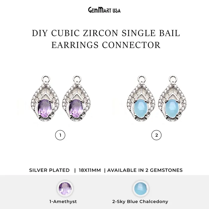 Earrings DIY Cubic Zircon Gemstone 18x11mm Silver Single Bail Earring Connector 1 Pair GemmartUSA