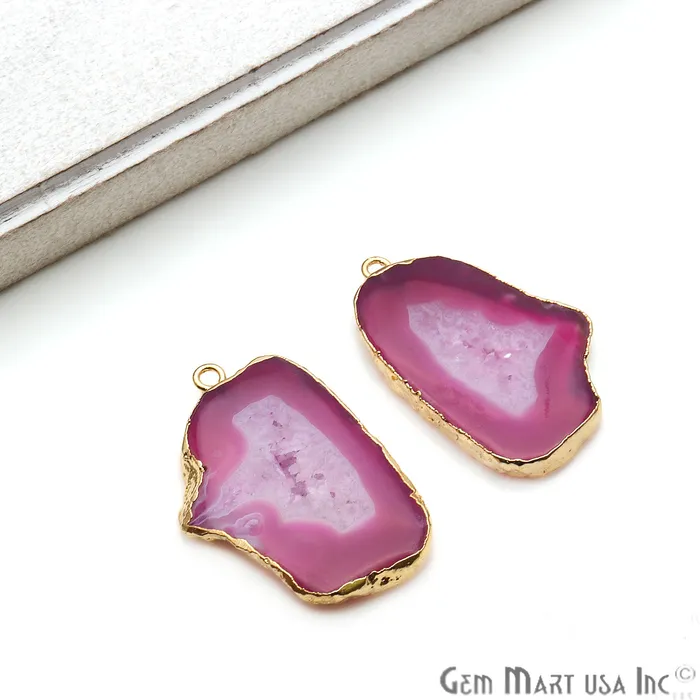 Earrings GemMartUSA Agate Slice 36x22mm Organic Gold Electroplated Gemstone Earring Connector 1 Pair