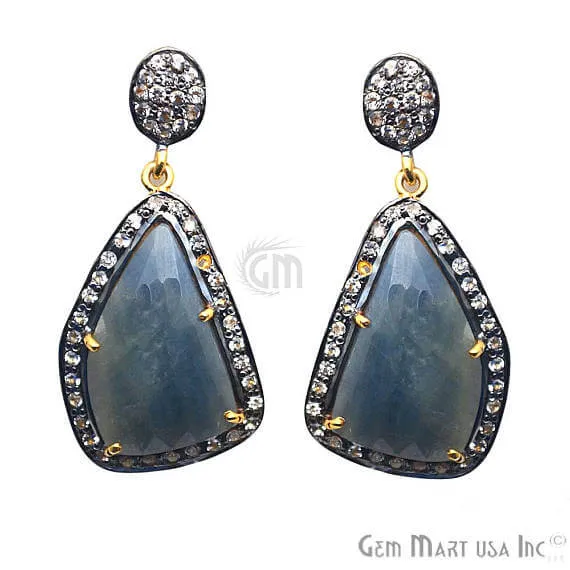 Earrings GemMartUSA Blue Sapphire With Cubic Zirconia Pave Diamond 18x38mmGold Vermeil Dangle Drop Stud Earring