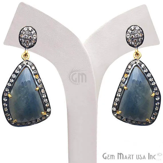 Earrings GemMartUSA Blue Sapphire With Cubic Zirconia Pave Diamond 18x38mmGold Vermeil Dangle Drop Stud Earring