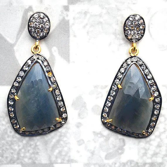 Earrings GemMartUSA Blue Sapphire With Cubic Zirconia Pave Diamond 18x38mmGold Vermeil Dangle Drop Stud Earring