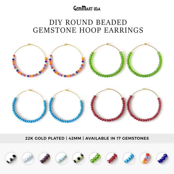 Earrings GemMartUSA Round Beaded 42mm Gemstone Gold Plated Hoop Earrings