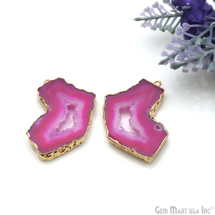 GemMartUSA Earrings Agate Slice 24x37mm Organic Gold Electroplated Gemstone Earring Connector 1 Pair