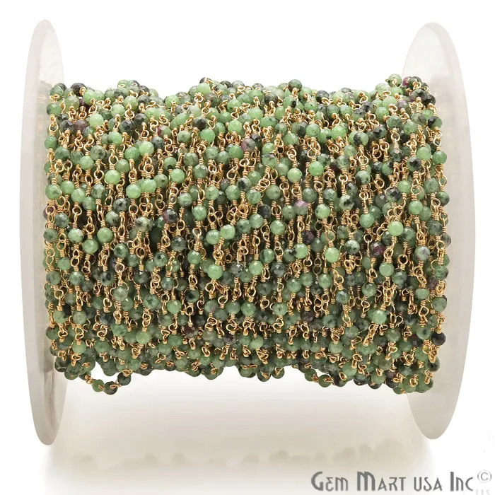 GemMartUSA PreStyled Sets Ruby Zoisite Beaded 335mm Gold Plated Wire Wrapped Rosary Chain