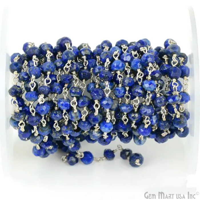 GemmartUSA Rings Lapis Gemstone Beads 335mm Sterling Silver Wire Wrapped Rosary Chain