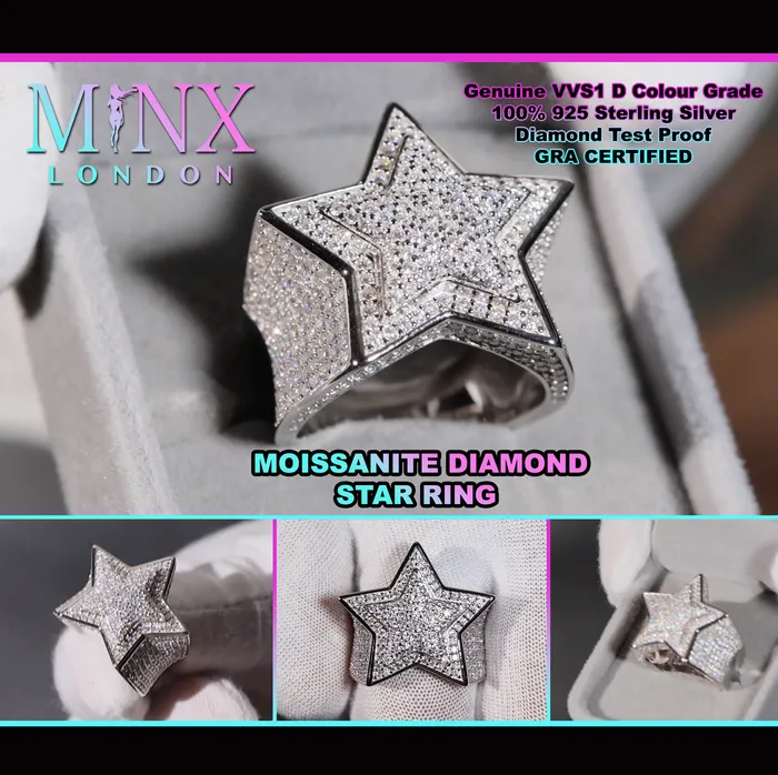 Lab Diamonds London Rings Moissanite Diamond Star Ring Iced Out Star Ring Hip Hop Star Ring