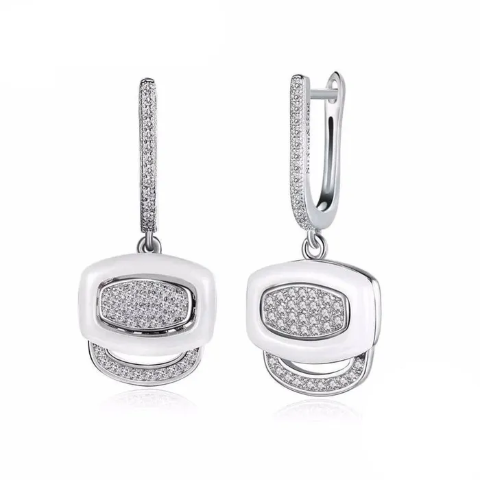 Personalized Jewel White Ceramic 925 Sterling Silver Crystals Drop Dangle Earrings Female Fine Jewelry Wedding Accessories Gift Earrings