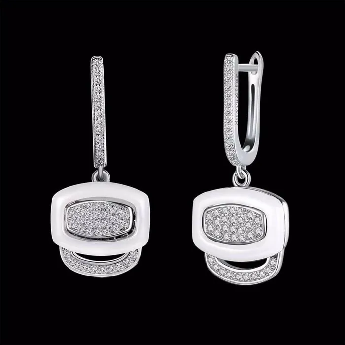 Personalized Jewel White Ceramic 925 Sterling Silver Crystals Drop Dangle Earrings Female Fine Jewelry Wedding Accessories Gift Earrings