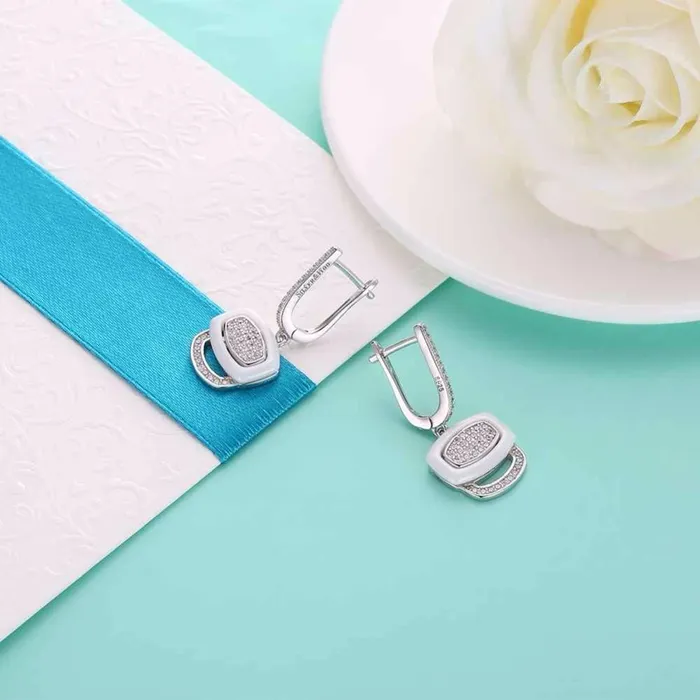 Personalized Jewel White Ceramic 925 Sterling Silver Crystals Drop Dangle Earrings Female Fine Jewelry Wedding Accessories Gift Earrings