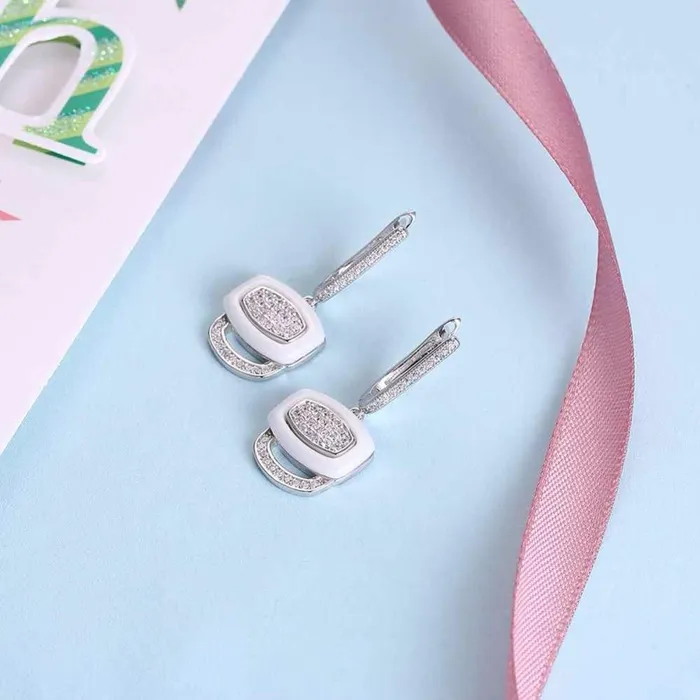 Personalized Jewel White Ceramic 925 Sterling Silver Crystals Drop Dangle Earrings Female Fine Jewelry Wedding Accessories Gift Earrings