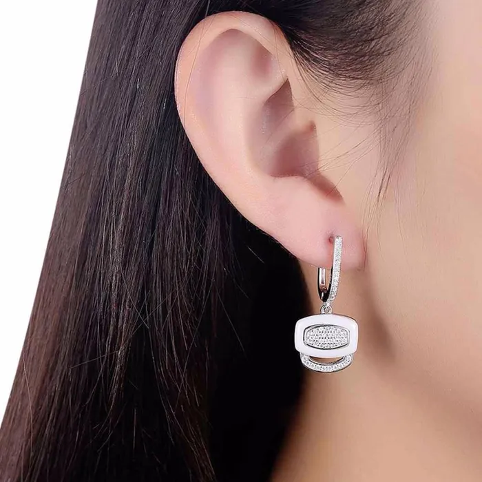 Personalized Jewel White Ceramic 925 Sterling Silver Crystals Drop Dangle Earrings Female Fine Jewelry Wedding Accessories Gift Earrings