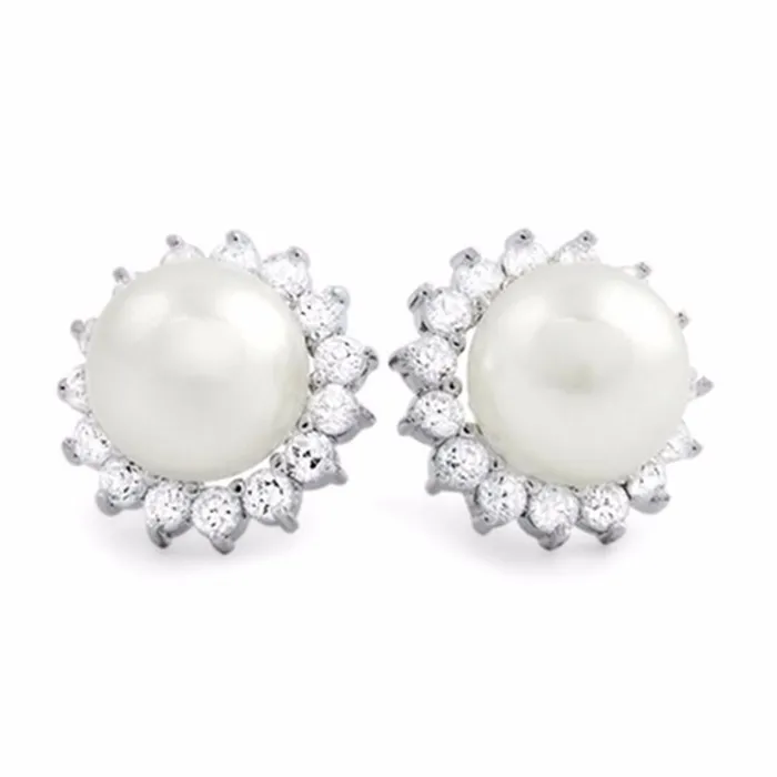 Personalized Jewel Womens 925 Sterling Silver Stud Earrings with Simulated Pearl and Cubic Zirconia Earrings