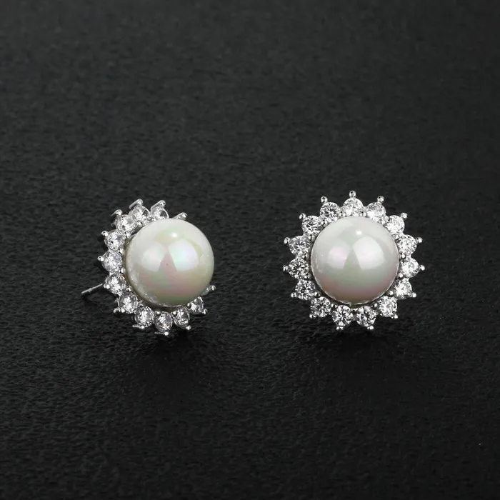 Personalized Jewel Womens 925 Sterling Silver Stud Earrings with Simulated Pearl and Cubic Zirconia Earrings