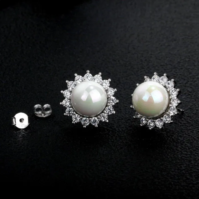 Personalized Jewel Womens 925 Sterling Silver Stud Earrings with Simulated Pearl and Cubic Zirconia Earrings