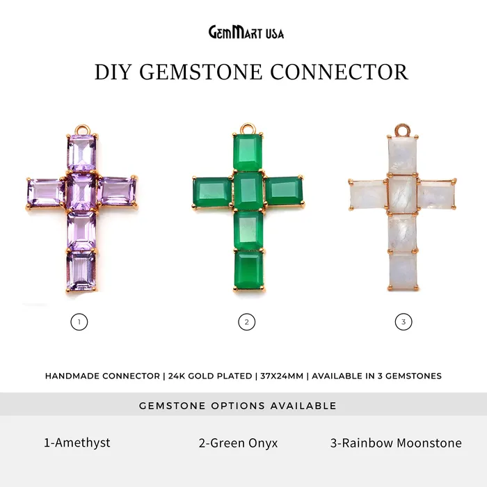 PreStyled Sets GemmartUSA Gemstone Cross 37x24mm Faceted Rectangle Prong Gold Plated Connector