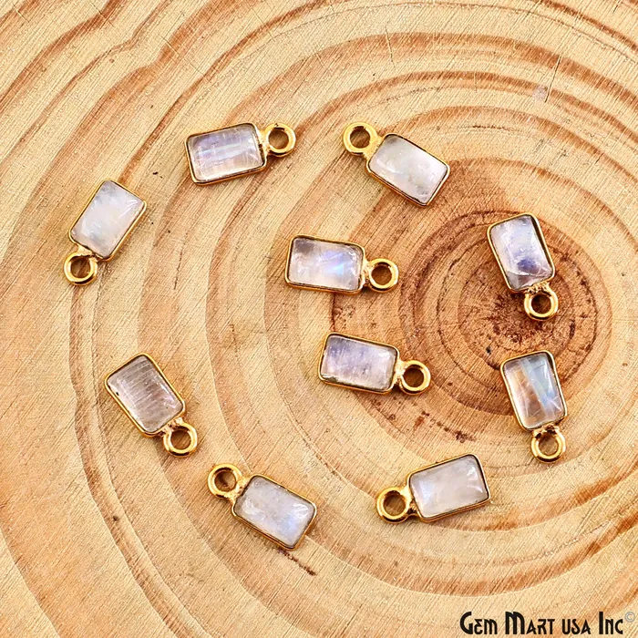 Rainbow Moonstone Cabochon 6x4mm Rectangle Gold Plated Bezel Connector GemMartUSA PreStyled Sets