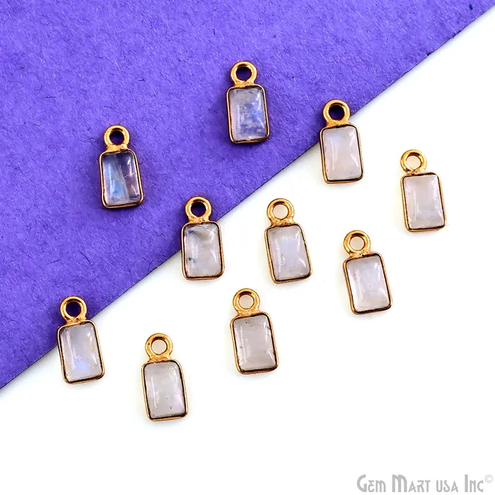 Rainbow Moonstone Cabochon 6x4mm Rectangle Gold Plated Bezel Connector GemMartUSA PreStyled Sets