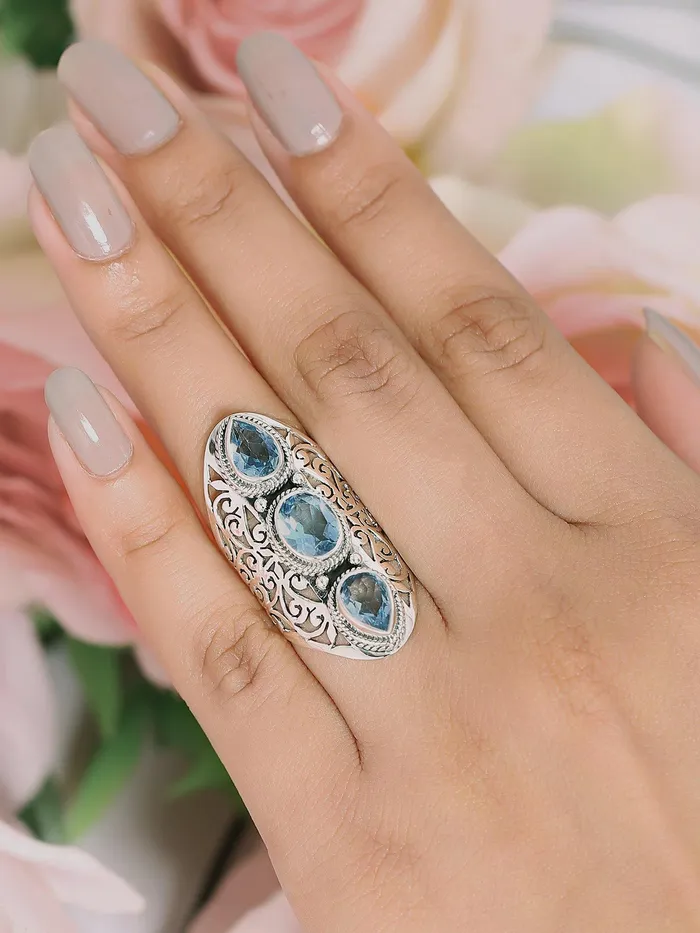 Rings Blue Topaz Solid 925 Sterling Silver Designer Filigree Ring Jewelry YoTreasure