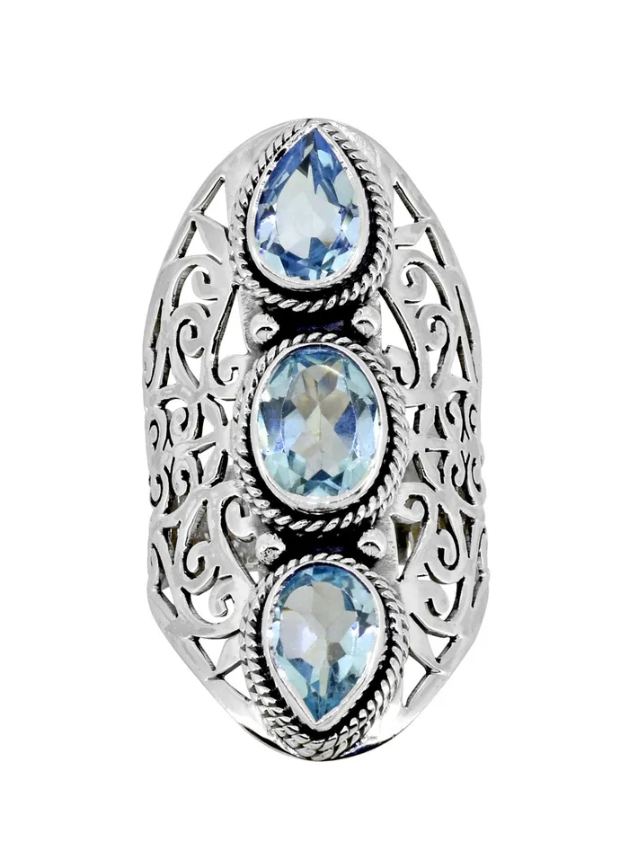 Rings Blue Topaz Solid 925 Sterling Silver Designer Filigree Ring Jewelry YoTreasure