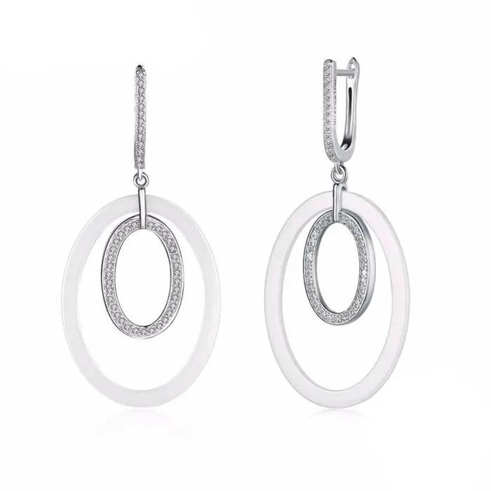 Women Sterling Silver 925 Drop Earrings Vintage Black Ellipse Ceramic With MicroInserted Zircon Eardrop Gift Personalized Jewel Earrings