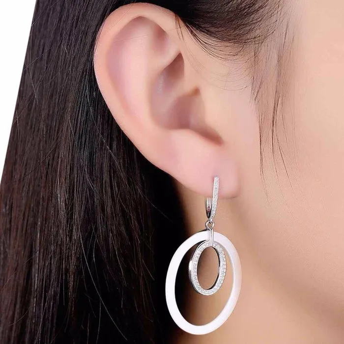 Women Sterling Silver 925 Drop Earrings Vintage Black Ellipse Ceramic With MicroInserted Zircon Eardrop Gift Personalized Jewel Earrings