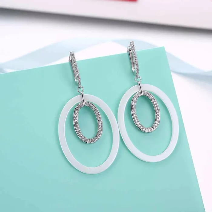 Women Sterling Silver 925 Drop Earrings Vintage Black Ellipse Ceramic With MicroInserted Zircon Eardrop Gift Personalized Jewel Earrings