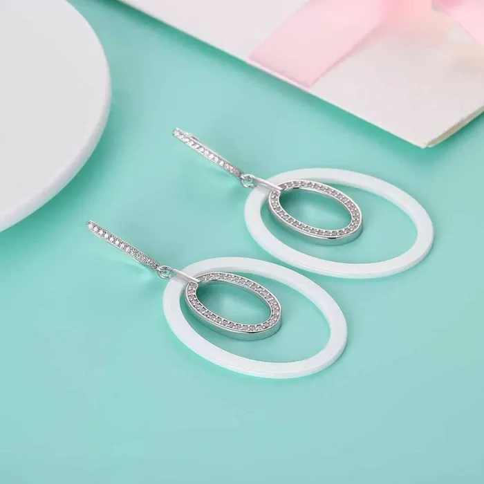 Women Sterling Silver 925 Drop Earrings Vintage Black Ellipse Ceramic With MicroInserted Zircon Eardrop Gift Personalized Jewel Earrings