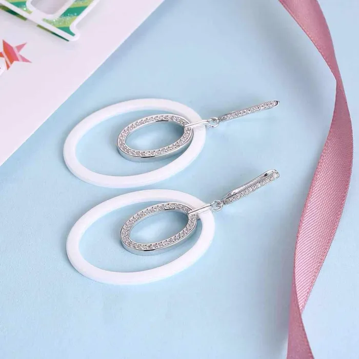 Women Sterling Silver 925 Drop Earrings Vintage Black Ellipse Ceramic With MicroInserted Zircon Eardrop Gift Personalized Jewel Earrings