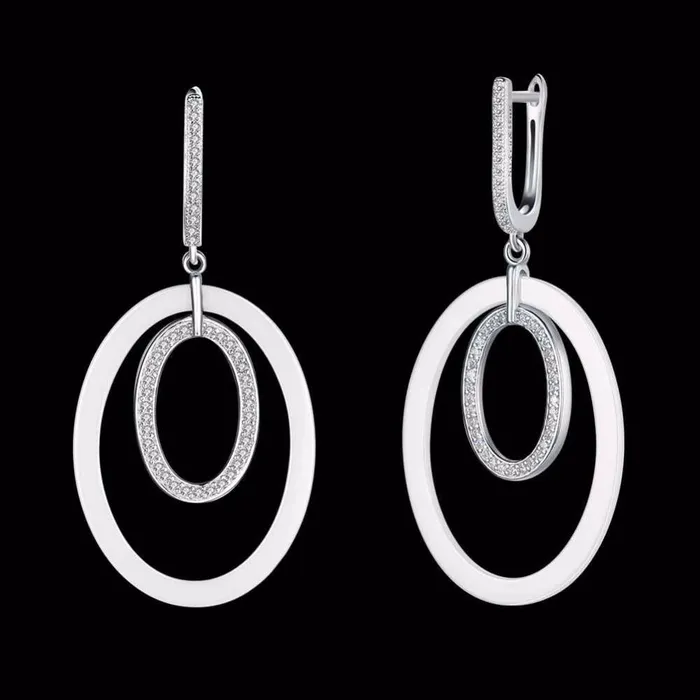 Women Sterling Silver 925 Drop Earrings Vintage Black Ellipse Ceramic With MicroInserted Zircon Eardrop Gift Personalized Jewel Earrings