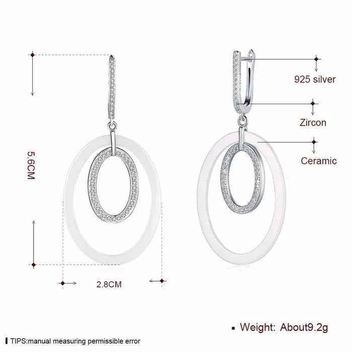 Women Sterling Silver 925 Drop Earrings Vintage Black Ellipse Ceramic With MicroInserted Zircon Eardrop Gift Personalized Jewel Earrings